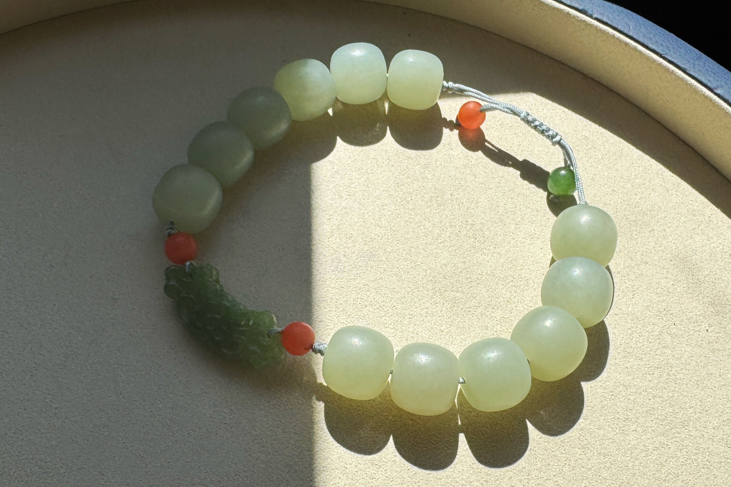 Natural Milky Blue Hetian Nephrite Beaded Bracelet with Green Nephrite Hand Carved Charm, Nephrite Jade Bracelet, 天然奶蓝色和田玉手串搭配碧玉手工雕刻回纹扣