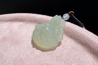 Certified Natural Icy Hetian Nephrite Mahakala Pendant, Carved Sunny Lake Green Nephrite Jade Pendant, 天然冰底晴水料和田玉大黑天吊坠