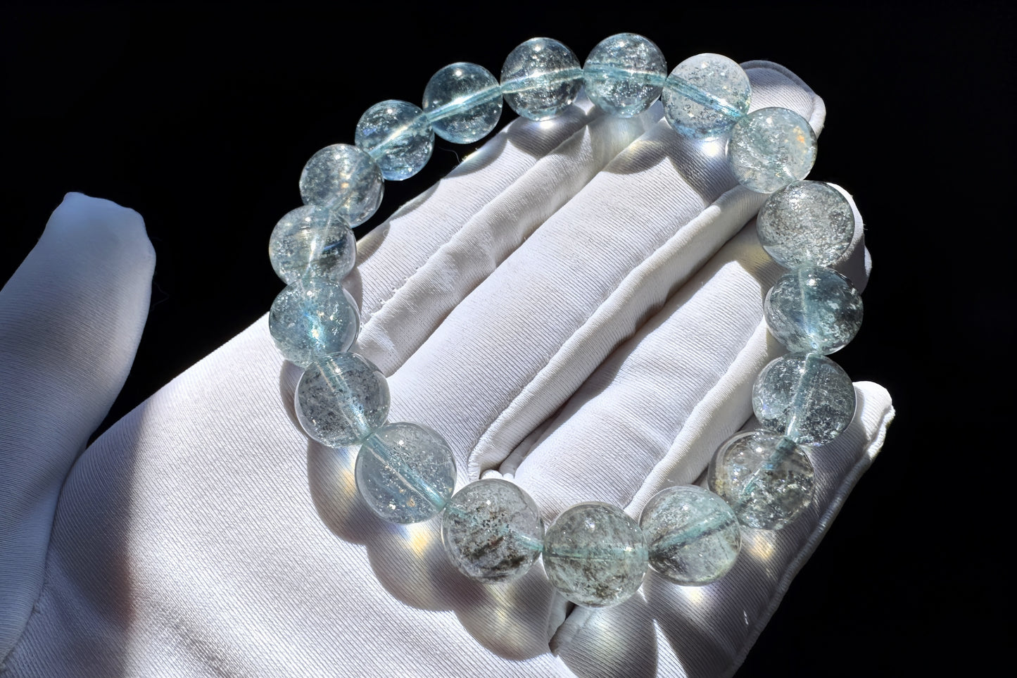 11mm Natural Aquamarine with Black Mica Inclusions Beaded Bracelet, Shiny Aquamarine Bracelet, March Birthstone, 海蓝宝带黑云母共生手串