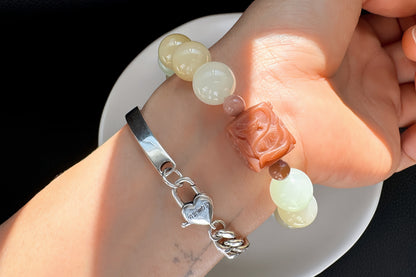 11mm Natural Hetian Nephrite Bracelet with Top Grade Alashan Hand Carved Nine Tailed Fox Cube, Nephrite Jade Bracelet, 天然蜂蜜水糖玉手串搭配玉化阿拉善手工精雕九尾狐方糖
