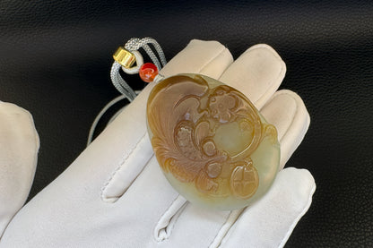 Natural Nephrite in Sugar Brown and Green Colors Hand Carved Koi Fish and Lotus Pendant, Carved Nephrite Jade Necklace, 天然糖青料玉手工雕刻鱼戏荷莲吊坠