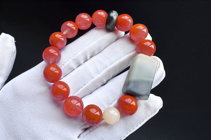 Natural Nanhong Agate Bracelet with Black and White Nephrite Jade, Untreated Nanhong Agate Beads, 天然冰飘火焰南红珠配水墨青花和田玉手串