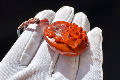 Natural Nanhong Agate Hand Carved Butterfly and Peony Pendant, Chinese South Red Agate Necklace, 天然川料南红手工精雕蝶恋花吊坠