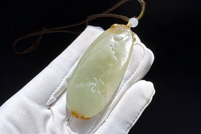 Certified Natural Hetian Sugar Brown Nephrite Hand Carved Koi Fish and Lotus Glower Pendant, 天然糖青白玉手工雕刻鱼戏荷莲吊坠天地糖