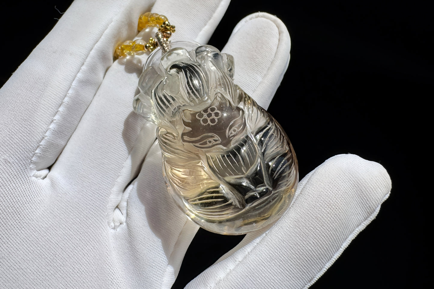 Natural Smokey Citrine Hand Carved Nine Tailed Fox and Money Bag Pendant, Smokey Citrine Necklace, 天然茶黄晶手工精雕九尾狐钱袋子吊坠