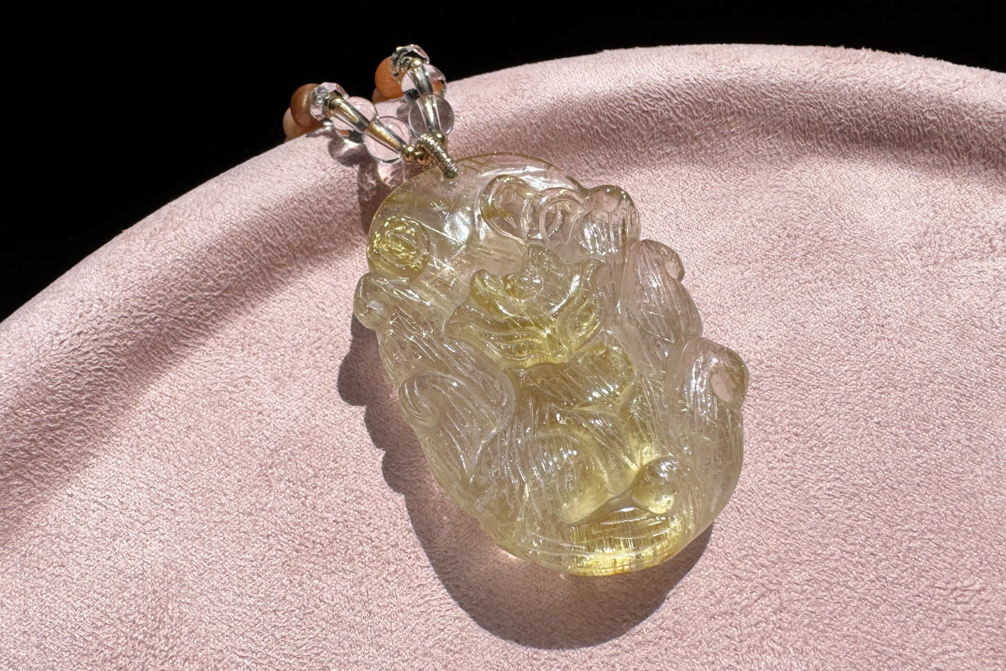 Natural Golden Rutile Quartz Hand Carved Nine Tailed Fox Pendant, Gold Rutilated Quartz Fox Pendant Necklace, 天然茶体金发晶手工精雕九尾狐吊坠