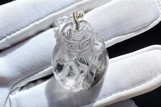 Natural Brookite Silver Rutilated Quartz Hand Carved Nine Tailed Fox Pendant, Silver Rutile Titanium Quartz Fox, 天然黑银钛晶手工精雕九尾狐吊坠