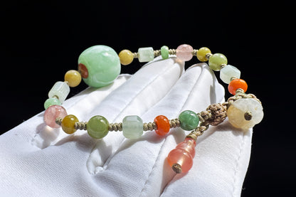 Natural Green Jadeite Jade Hand Braided Bracelet, Grade A Jade Beads in Multi-colors, Jade Bracelet, Jade Lu Lu Tong, 天然A货果绿色翡翠路路通配多宝翡翠珠手编手链