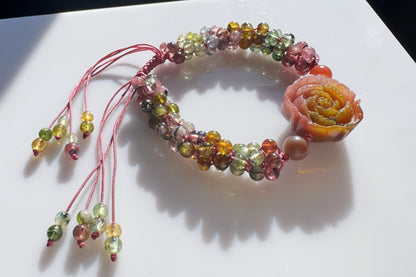 Natural Tourmaline Braided Bracelet with Carved Yanyuan Origin Agate Flower Charm, Yan-yuan and Tourmaline Bracelet, 天然手编碧玺小米珠手链搭配盐源花牌