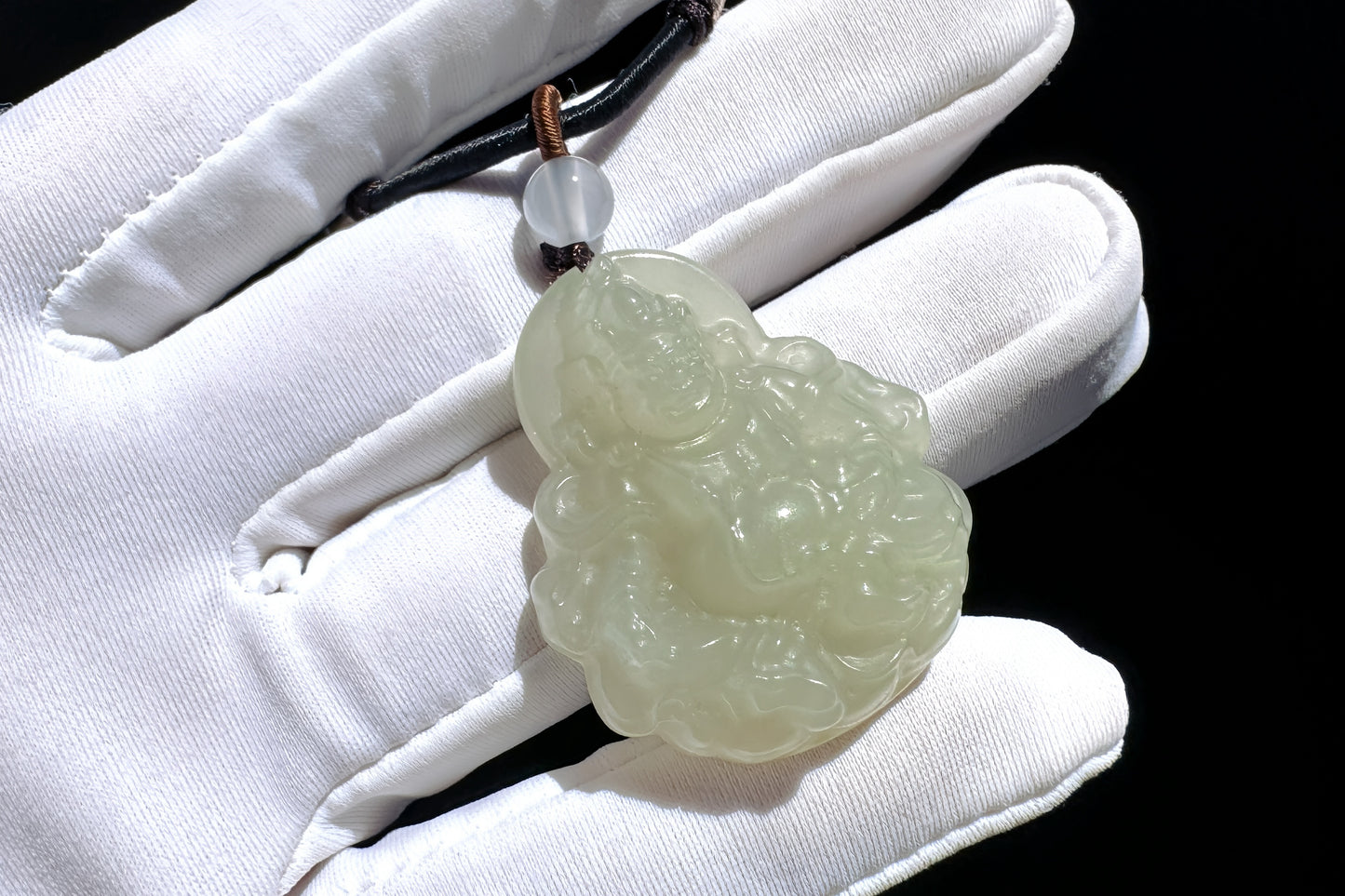 Certified Natural Icy Hetian Nephrite Mahakala Pendant, Carved Sunny Lake Green Nephrite Jade Pendant, 天然冰底晴水料和田玉大黑天吊坠