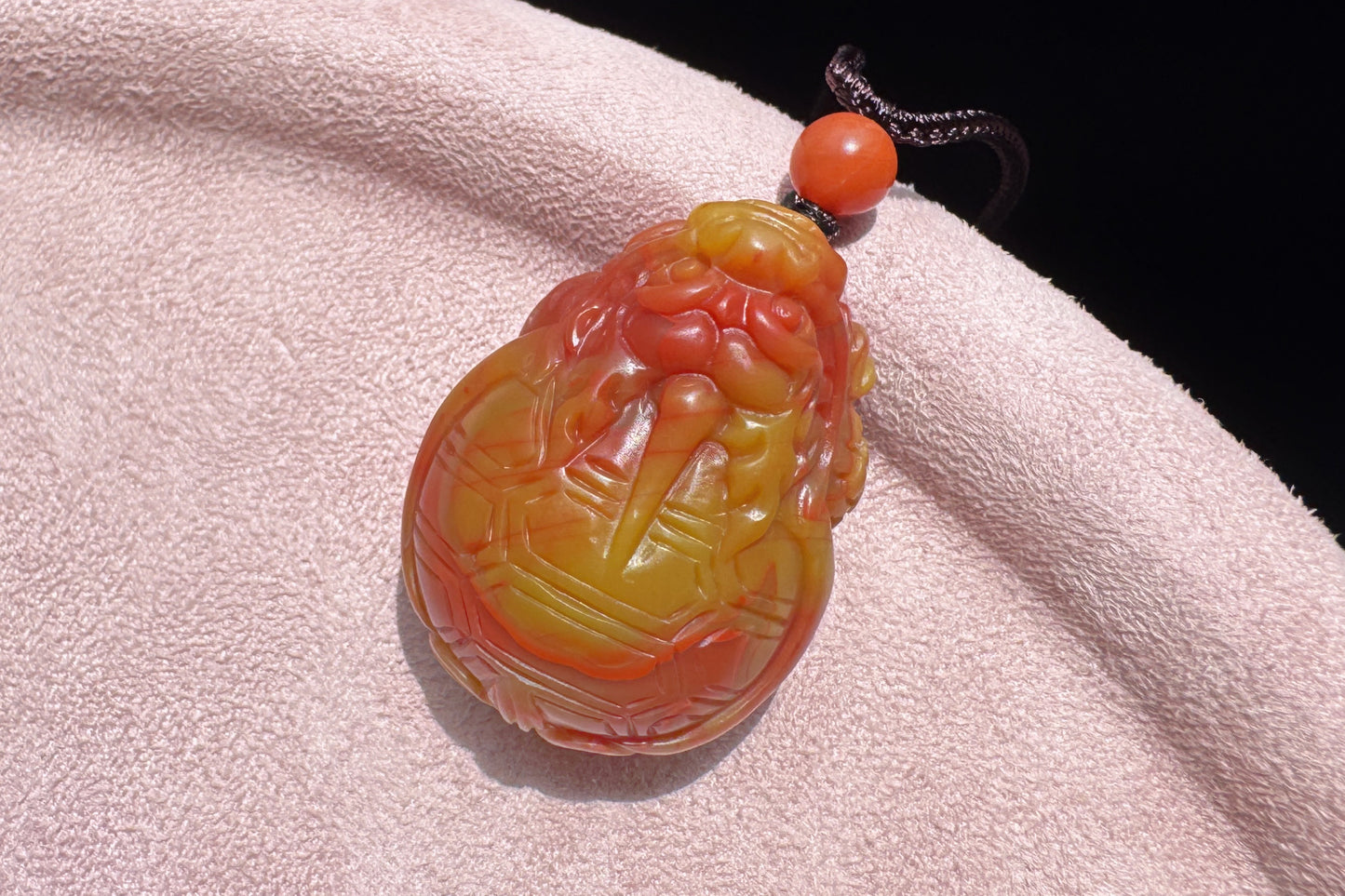 Certified High Grade Natural Nanhong Hand Carved Dragon Turtle Pendant, Yellow Nanhong Dragon Turtle Pendant, 天然黄皮包浆南红手工精雕龙龟吊坠