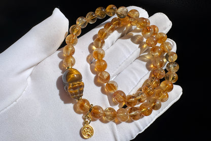 Natural Citrine Bracelet with Tiger’s Eye PiXiu Charm, Untreated Citrine Beads, 天然黄水晶双圈手串配虎眼貔貅