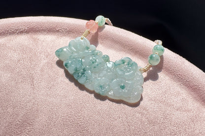 Genuine Grade A Jadeite Jade Necklace, Natural Carved Jade Flower and Butterfly, Handmade Jade Necklace, 天然缅甸A货翡翠锁骨吊坠老坑冰润飘蓝花蝶恋花仿古玉璜