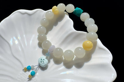 Natural Nephrite Bracelet with Faceted Turquoise, High Grade Nephrite Jade Bracet, Designer Jade Bracelet, 天然奶油晴白和田玉配松石蜜蜡