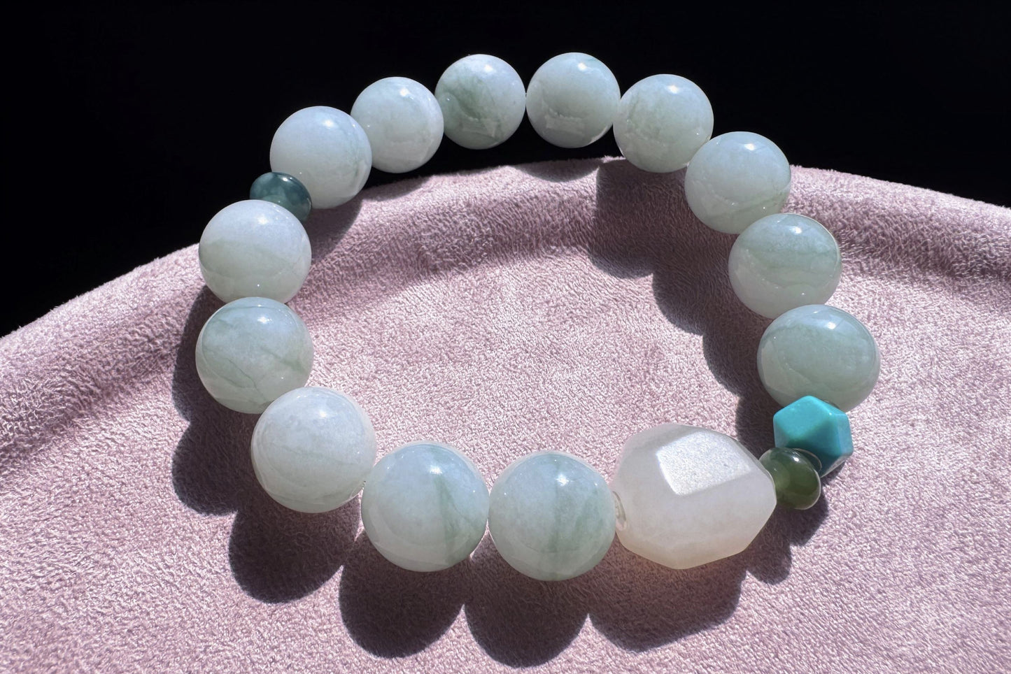 12mm Natural Grade A Jadeite Jade Bracelet with Mutton Fat Nephrite Jade, Blue Turquoise, Blue Jadeite Jade, 天然缅甸A货蓝底绿花翡翠细糯种手串羊脂白玉绿松