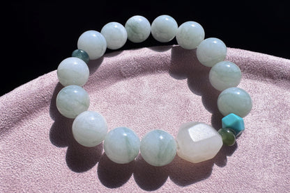 12mm Natural Grade A Jadeite Jade Bracelet with Mutton Fat Nephrite Jade, Blue Turquoise, Blue Jadeite Jade, 天然缅甸A货蓝底绿花翡翠细糯种手串羊脂白玉绿松