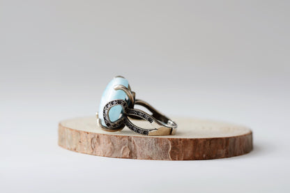 Natural Dominican Blue Larimar In 925 Silver Ring, 天然多米尼加海纹石镶嵌925银戒指