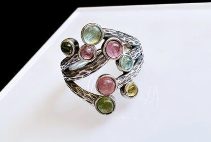 Natural Rainbow Tourmaline in Premium S925 Thick Silver Handmade Ring, Mermaid Tourmaline Ring, 天然巴西老料美人鱼色系碧玺肌理枝条S925厚银戒指
