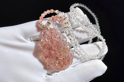 Natural Arusha Sunstone Hand Carved Nine Tailed Fox Pendant, Carved Confetti Sunstone Fox, 天然阿鲁沙水晶手工雕刻九尾狐双狐吊坠