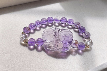 Natural High Grade Brazilian Amethyst Hand Carved Butterfly Nine Tailed Fox and Amethyst Beaded Bracelet, 天然精品巴西紫水晶手工精雕九尾狐蝴蝶搭配紫水晶手串