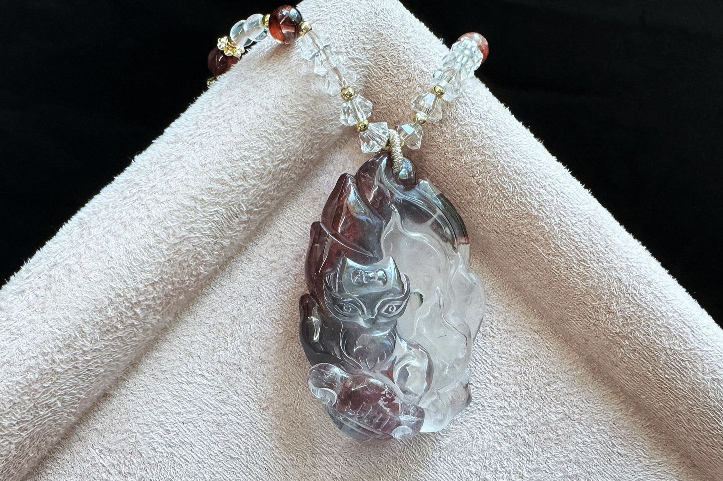 Natural Ox Blood Red Hematoid Quartz Hand Carved Fox Pendant, Ox Blood Red Hematoid Quartz Nine Tailed Fox Pendant, 天然牛血红胶花闪片九尾狐吊坠