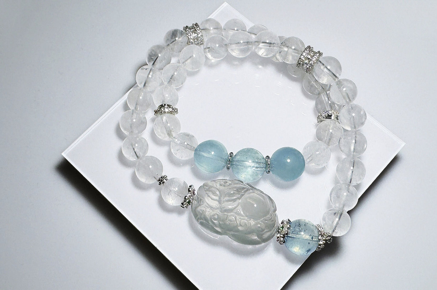 Rare Natural Blue Rabbit Hair Rutile Quartz Carved Nine Tailed Fox with Aquamarine and White Phantom Bracelet, 天然蓝兔毛九尾趴趴狐海蓝宝白幽灵手串