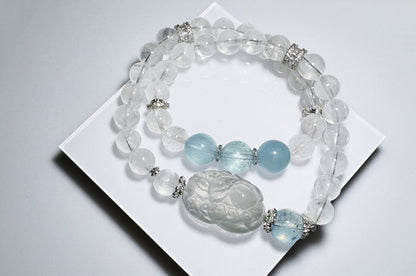 Rare Natural Blue Rabbit Hair Rutile Quartz Carved Nine Tailed Fox with Aquamarine and White Phantom Bracelet, 天然蓝兔毛九尾趴趴狐海蓝宝白幽灵手串