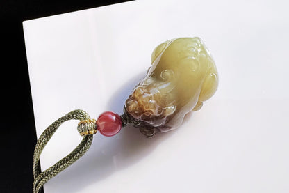 Certified Natural Brown Sugar Nephrite Hand Carved Pixiu Pendant, Nephrite Jade Pixiu, Good Luck Jade Necklace, 天然糖青玉手工雕刻貔貅吊坠