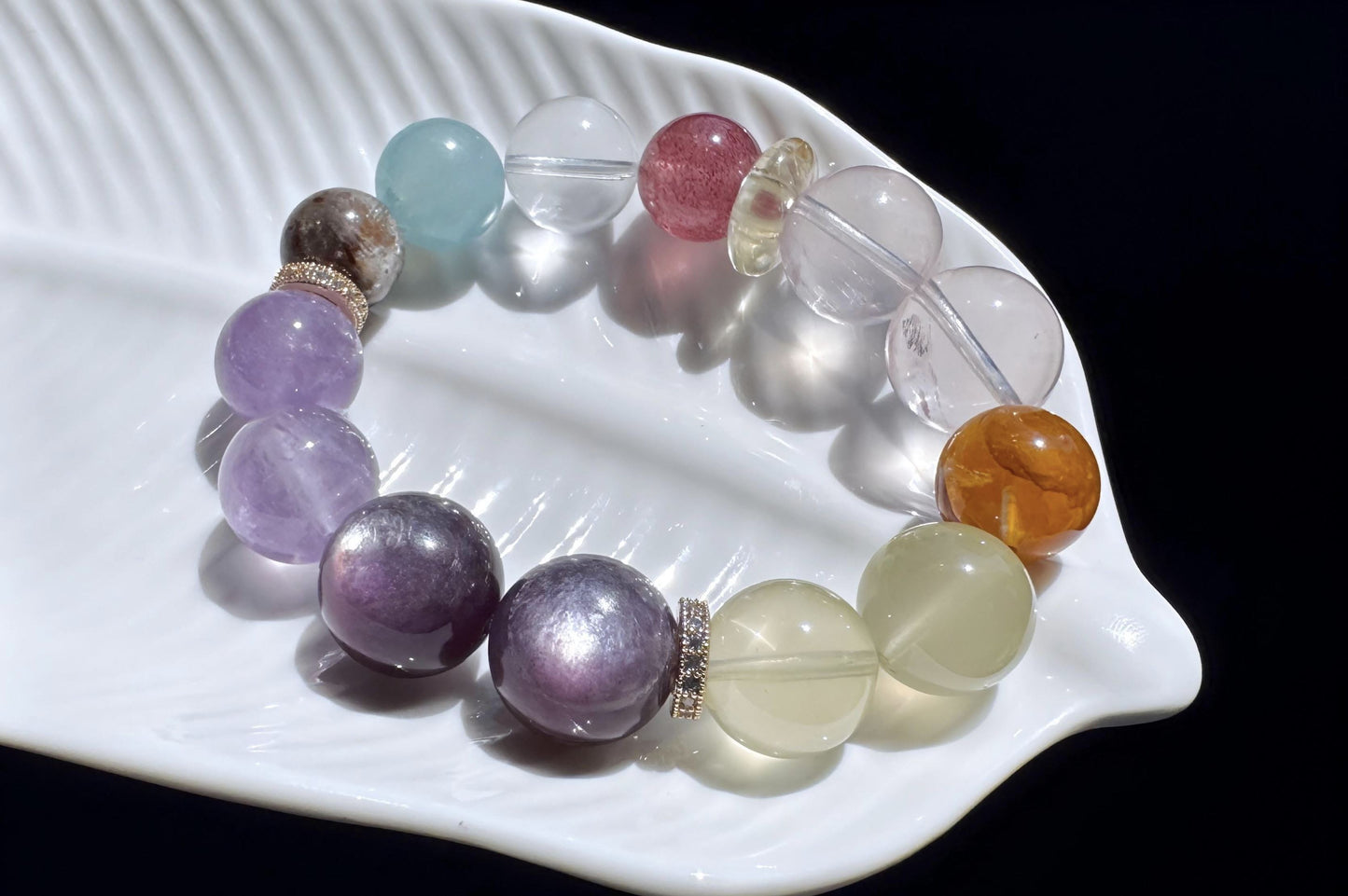 Natural Multi-gemston Bracelet, Rose Quartz Aquamarine Beaded Bracelet, 天然猫眼紫锂辉搭配海蓝宝粉晶葡萄石手串