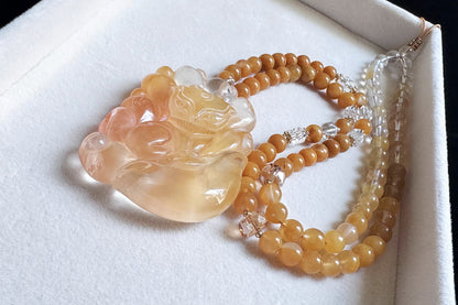 Top Grade Natural Yellow Rabbit Hair Quartz Hand Carved Nine Tailed Fox Pendant Necklace, 天然精品黄兔毛水晶手工精雕九尾狐吊坠