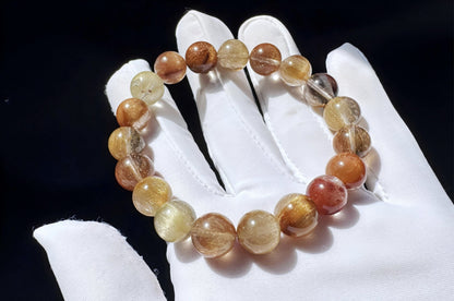 Genuine Multi-color Rutile Quartz Beaded Bracelet, Natural Untreated Cantoyancy Rutilated Quartz Bracelet, 天然巴西原色猫眼维纳斯金发晶顺发彩发晶圆珠手串