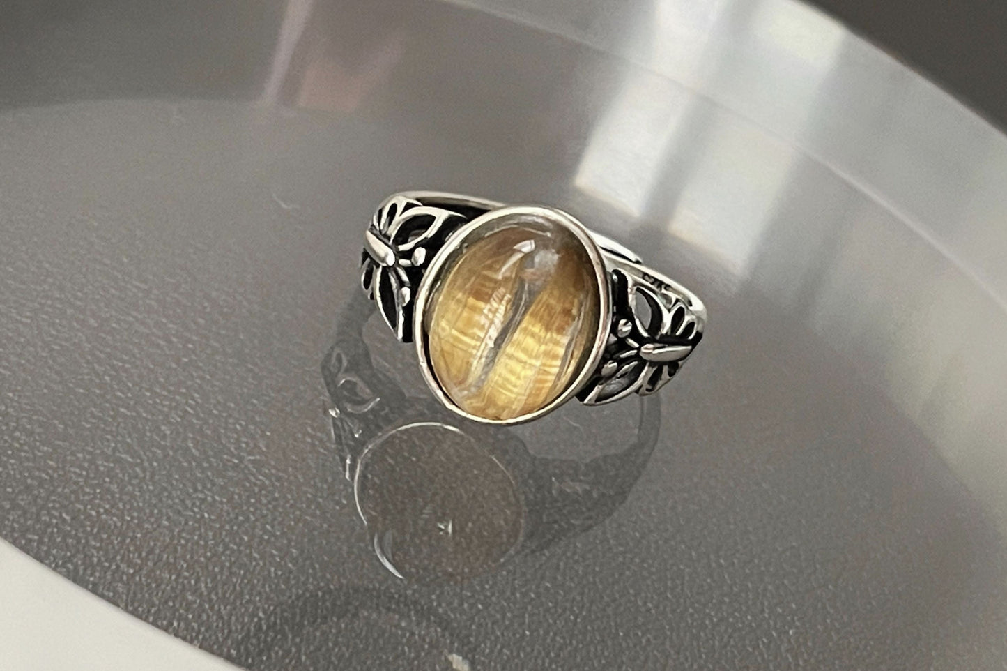 Top Grade Natural Golden Rutile Quartz Ring S925 Setting, Natural Golden Rutilated Quartz Ring, 天然钛晶板钛猫眼戒指925纯银戒托