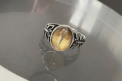 Top Grade Natural Golden Rutile Quartz Ring S925 Setting, Natural Golden Rutilated Quartz Ring, 天然钛晶板钛猫眼戒指925纯银戒托