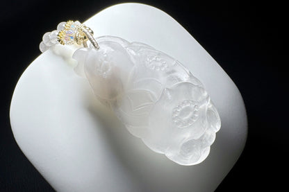 Large Natural White Rabbit Hair Quartz Hand Carved Nine Tailed Fox Pendant, High Grade White Rabbit Hair Necklace, 天然精品白兔毛手工精雕九尾狐吊坠