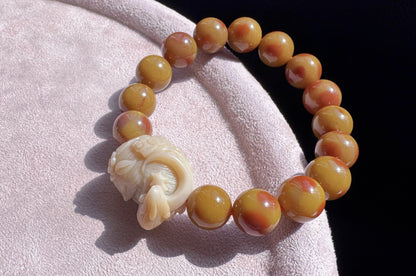 Natural Alashan Rock Beaded Bracelet with Hand Carved Alashan Nine Tailed Fox and Rabbit Charm, 天然老矿料阿拉善圆珠搭配手工精雕原矿阿拉善九尾狐