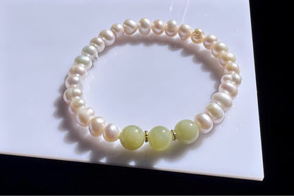 Natural Green Nephrite Jade with Freshwater Pearl Beaded Bracelet, Pearl Bracelet, 天然淡水珍珠搭配玉圆珠手串