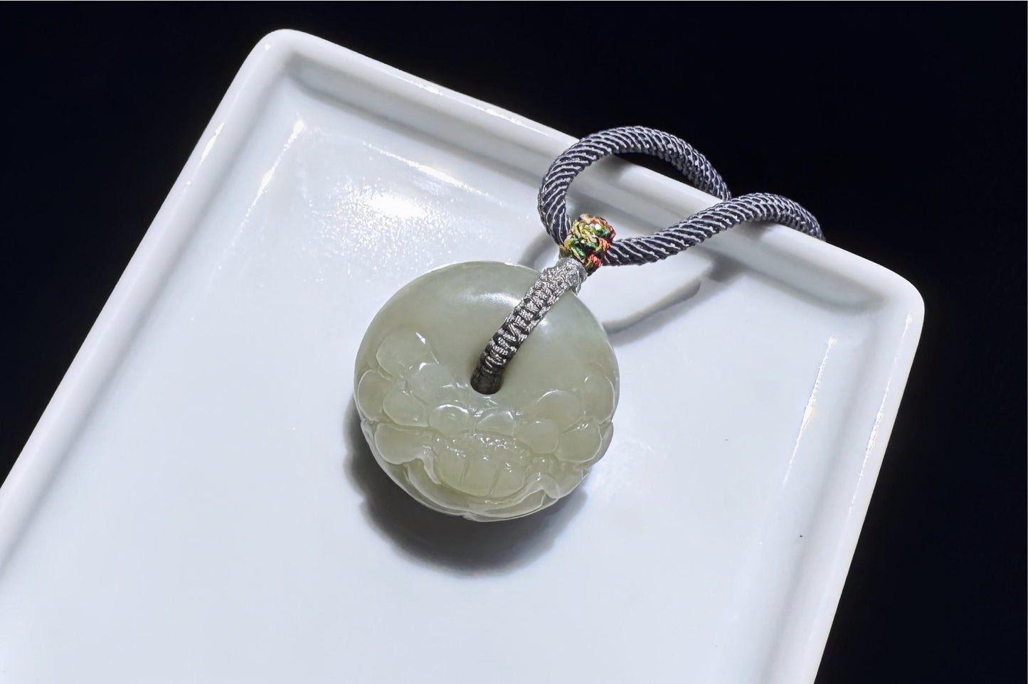 Natural Green Nephrite Hand Carved Peony Donut Pendant, Carved Nephrite Jade Peace Buckle Necklace，天然手雕牡丹花玉平安扣吊坠