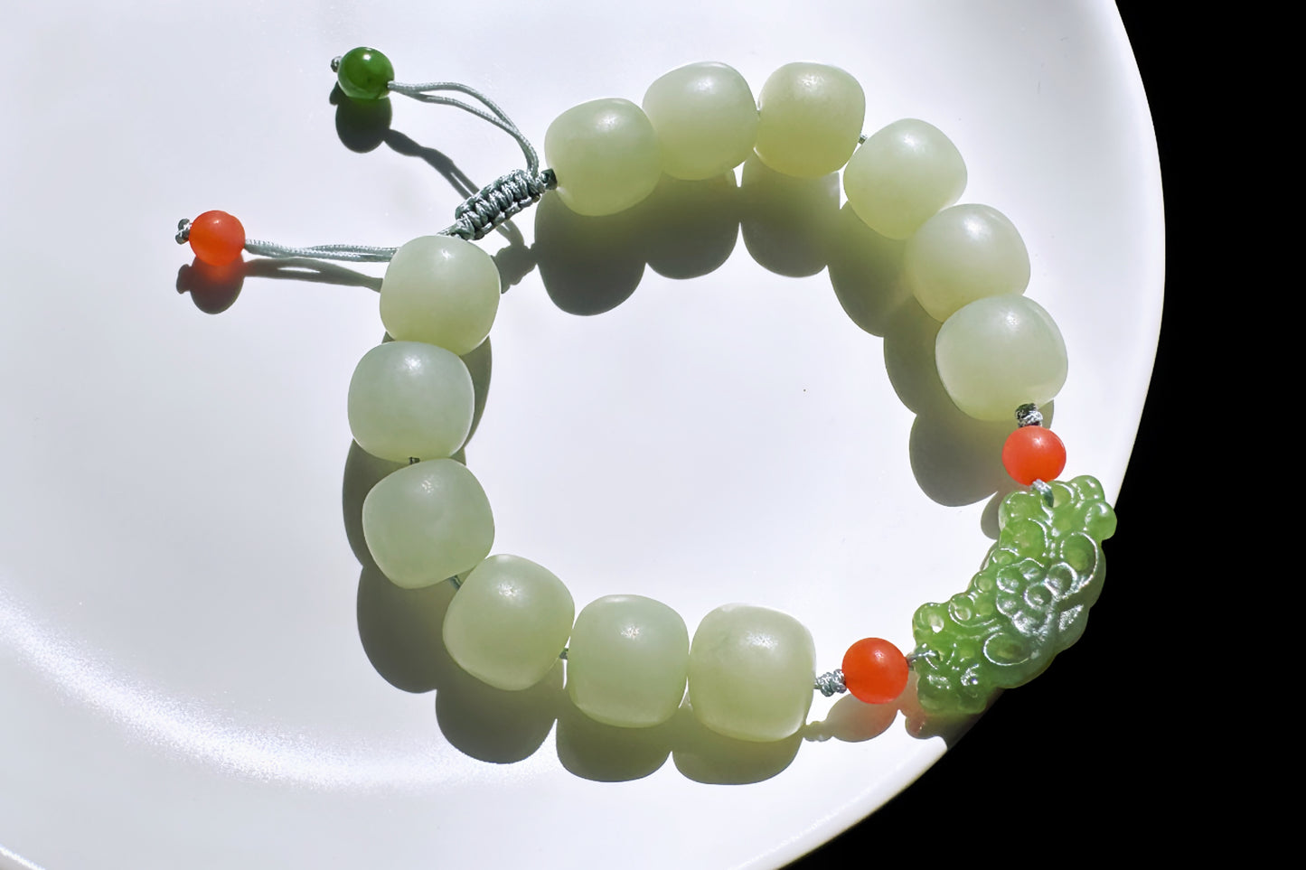 Natural Milky Blue Hetian Nephrite Beaded Bracelet with Green Nephrite Hand Carved Charm, Nephrite Jade Bracelet, 天然奶蓝色和田玉手串搭配碧玉手工雕刻回纹扣