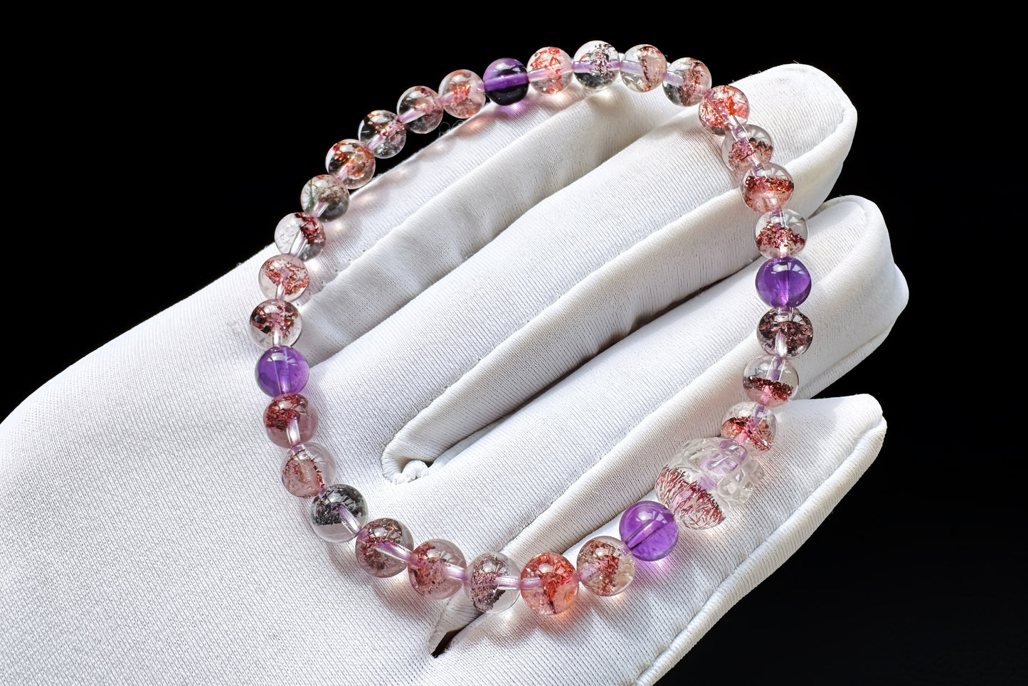 Rare Natural Pyramid Super Seven Beaded Bracelet with Super Seven Pixiu Charm, Top Grade Super Seven Bracelet, 天然招财金字塔超级七手串搭配超七貔貅