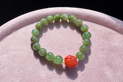 Natural Green Hetian Nephrite Bracelet with Top Grade Nanhong Agate Hand Carved Flower, Nephrite Jade Beads South Red Agate Flower, 天然和田玉手串配南红花花