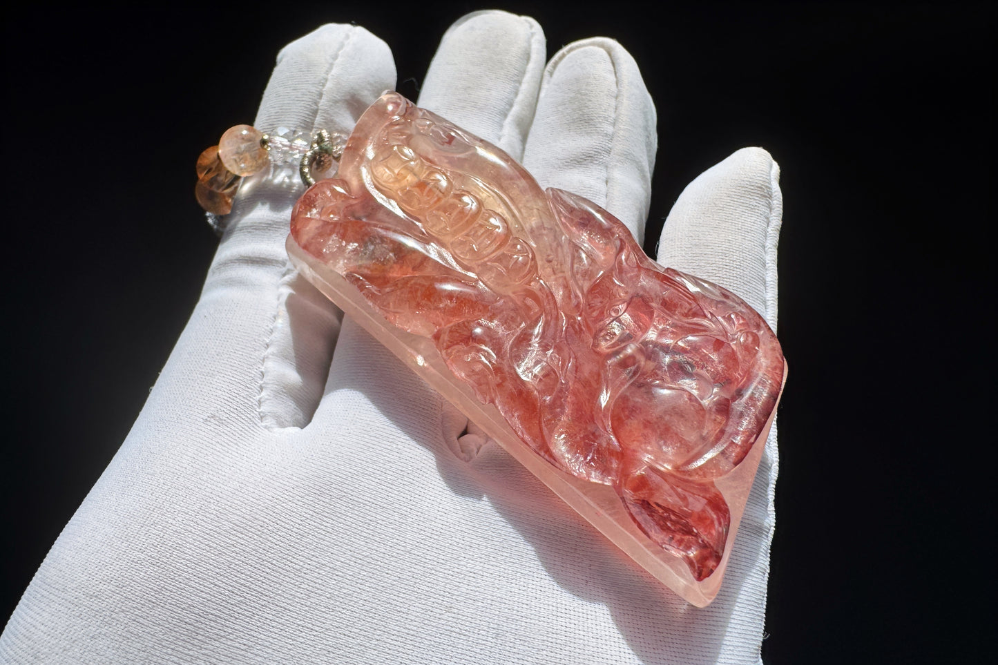 Natural Pink Hematoid Quartz Hand Carved Nine Tailed Fox Pendant, Rare Pink Hematoid Pendant, 天然粉胶花手工精雕九尾狐梅花树吊坠