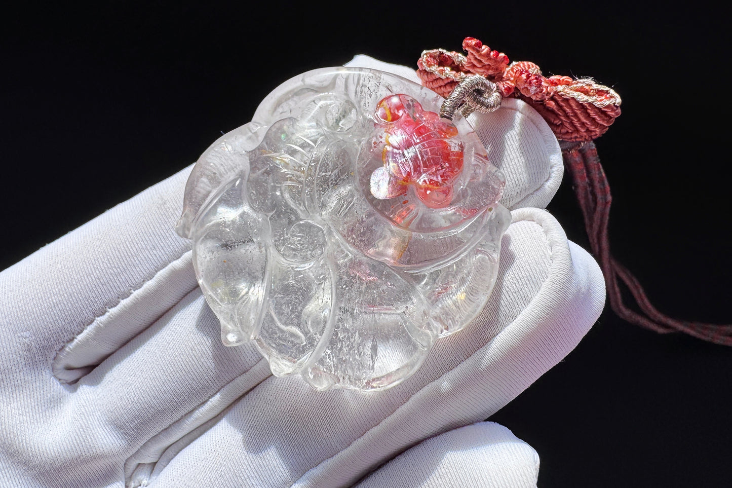 Natural Red Hematoid Quartz Hand Carved Nine Tailed Fox Pendant Necklace, Fire Quartz Pendant, 天然红胶花九尾狐牌