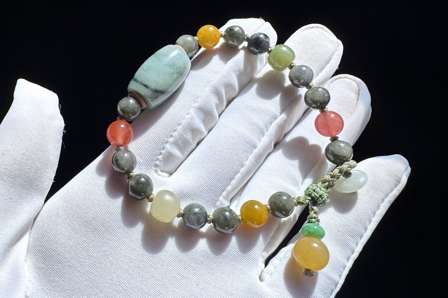 Natural Black and White Jadeite Jade Beads Bracelet, Hand Braided Black Jade Bracelet with Nanhong and Nephrite Beads, 保真天然缅甸A货翡翠飘绿乌鸡料手链