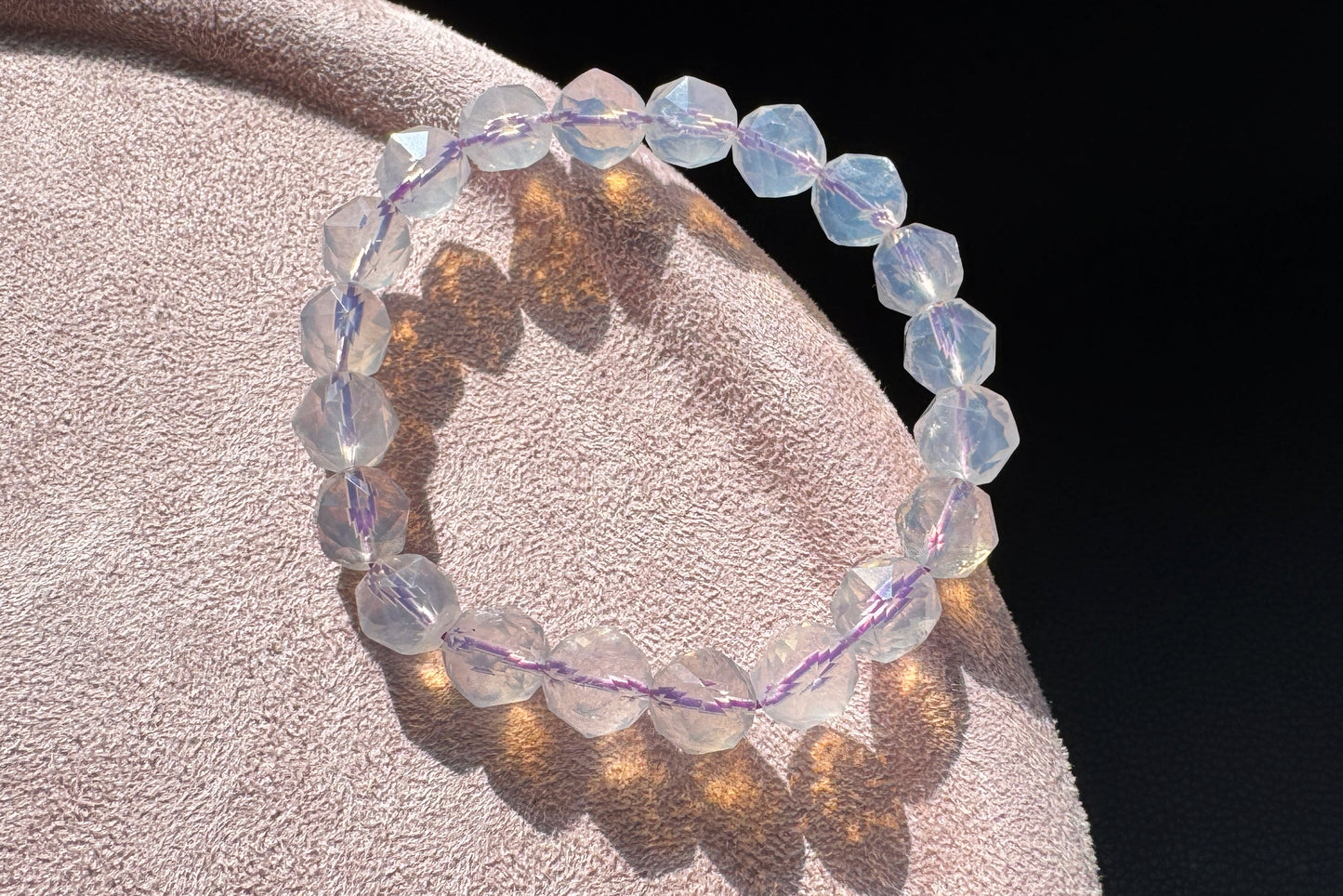 Natural Milky Lavender Moon Quartz Beaded Bracelet, Faceted Lavender Moon Quartz, 天然奶油体钻切切面紫玉晶手串