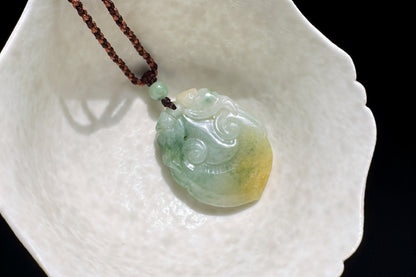 Certified Grade A Jadeite Jade Hand Carved Ruyi Pendant, Natural Carved Jade Pendant Necklace, 天然缅甸A货老坑冰润飘花黄绿双彩如意翡翠吊坠