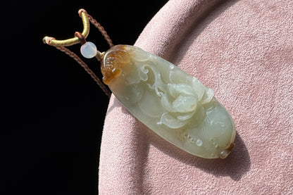 Certified Natural Hetian Sugar Brown Nephrite Hand Carved Koi Fish and Lotus Glower Pendant, 天然糖青白玉手工雕刻鱼戏荷莲吊坠天地糖