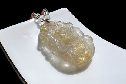 Natural Golden Rutile Quartz Hand Carved Nine Tailed Fox Pendant, Gold Rutilated Quartz Fox Pendant Necklace, 天然茶体金发晶手工精雕九尾狐吊坠