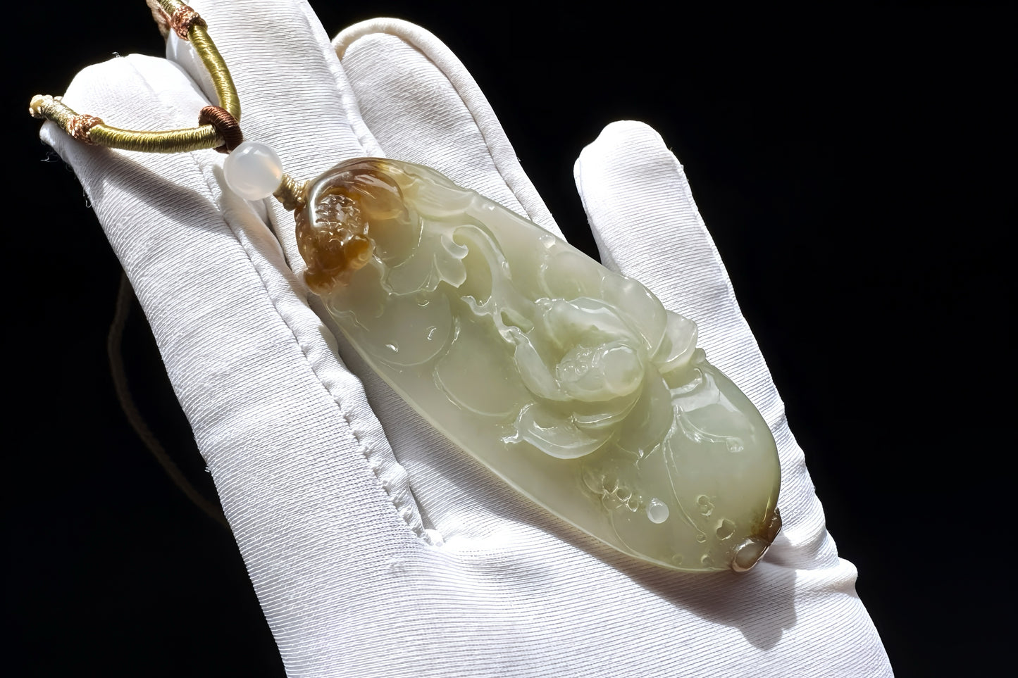 Certified Natural Hetian Sugar Brown Nephrite Hand Carved Koi Fish and Lotus Glower Pendant, 天然糖青白玉手工雕刻鱼戏荷莲吊坠天地糖