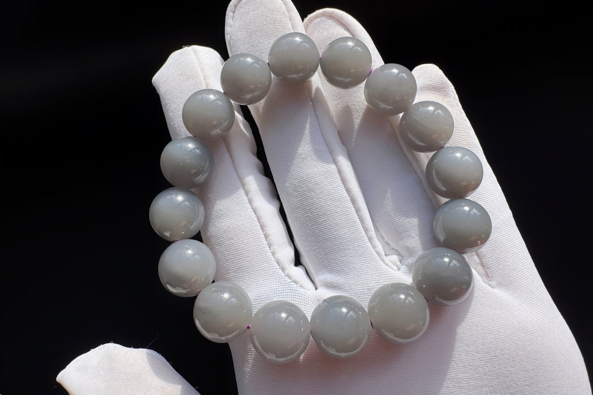Certified Natural Smokey Gray Nephrite Jade Bracelet, Genuine Gray Nephrite Jade Bracelet, 天然青海料烟灰色软玉圆珠手串带证书