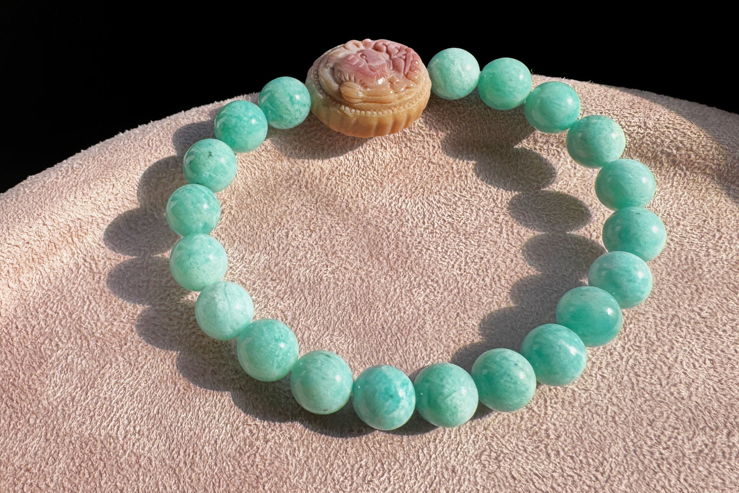Natural Un-treated Amazonite Beaded Bracelet with Pink and yellow Alashan Sailor Moon, Amazonite Bracelet, 天然天河石手串搭配奶黄粉阿拉善水手月亮